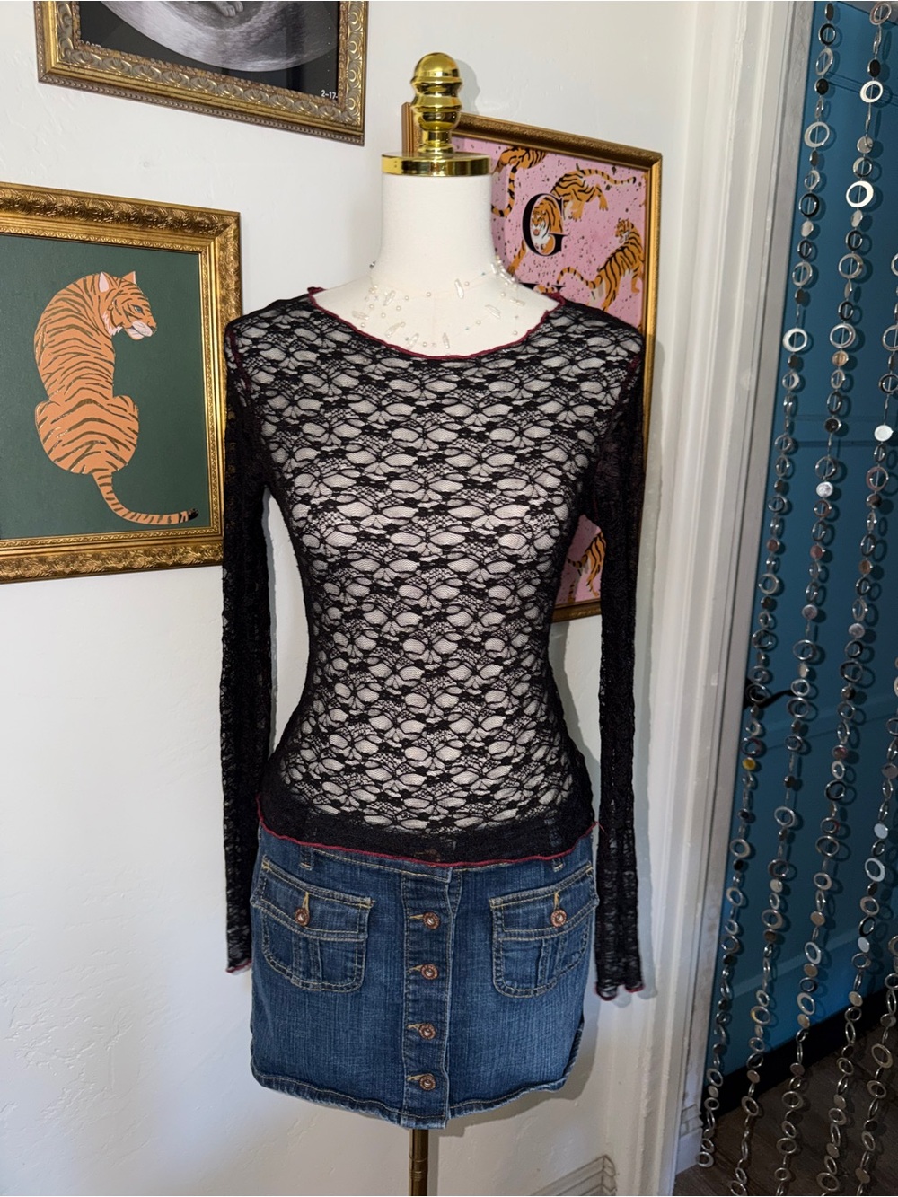 Y2K Black Sheer Lace Long-Sleeve Top